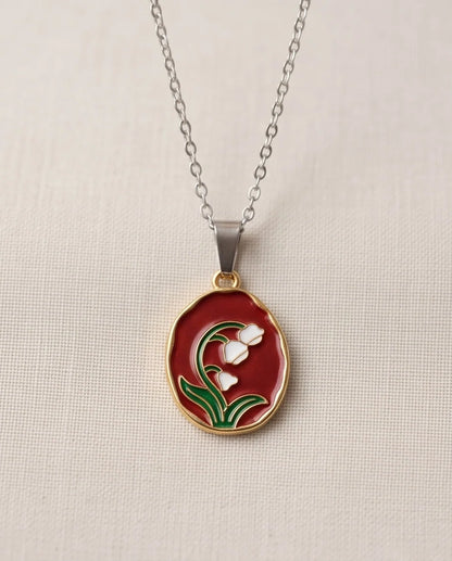 Gold Red Lily of the Valley Enamel Medallion Chain Necklace