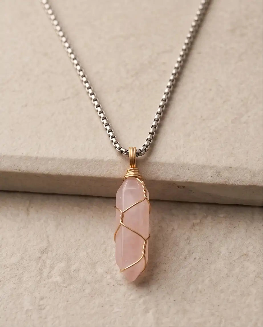 Wire-Wrapped Soft Pink Quartz Crystal Point Pendant Bead Chain