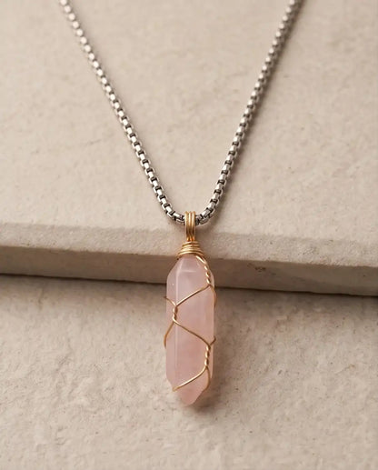 Wire-Wrapped Soft Pink Quartz Crystal Point Pendant Bead Chain