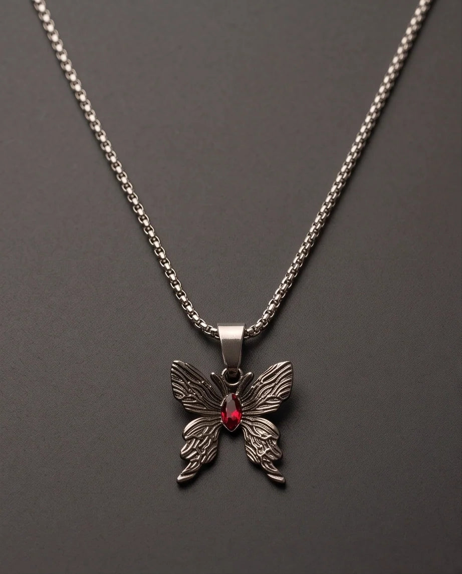 Black Textured Butterfly Red Gem Pendant Necklace