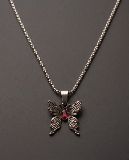 Black Textured Butterfly Red Gem Pendant Necklace
