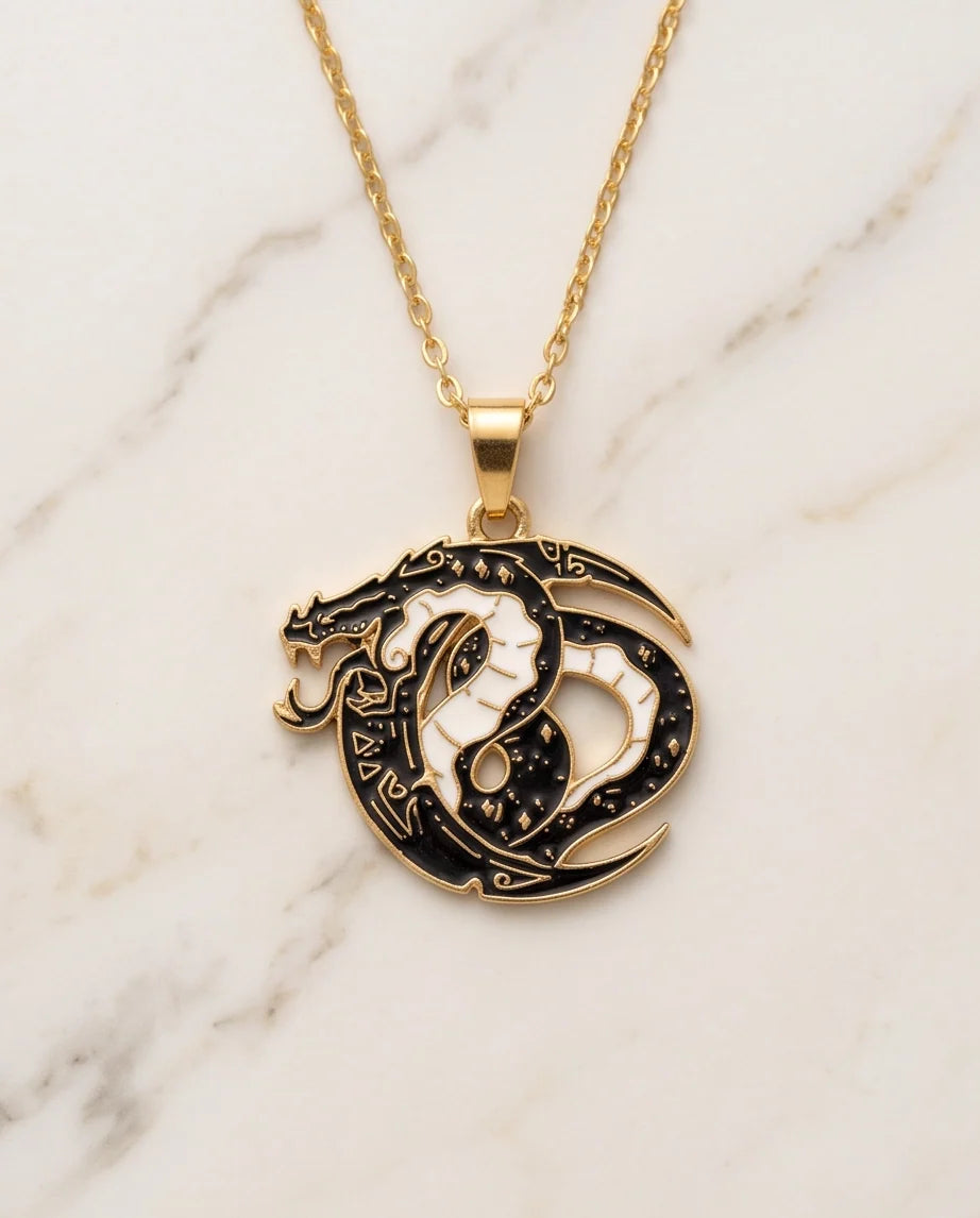 Gold Coiled Dragon Black & White Enamel Pendant Necklace