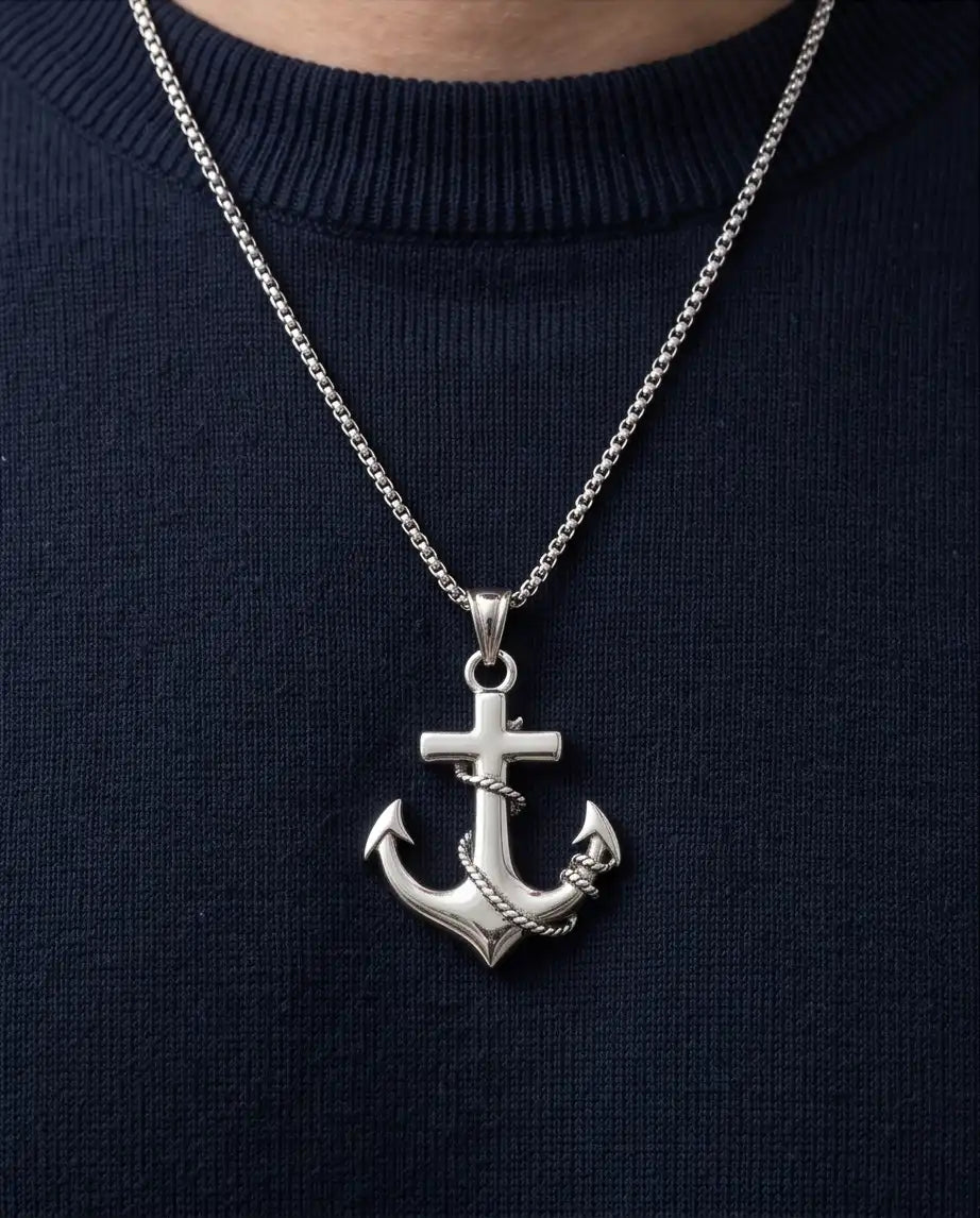 Mariner's Anchor and Cross Pendant Box Chain