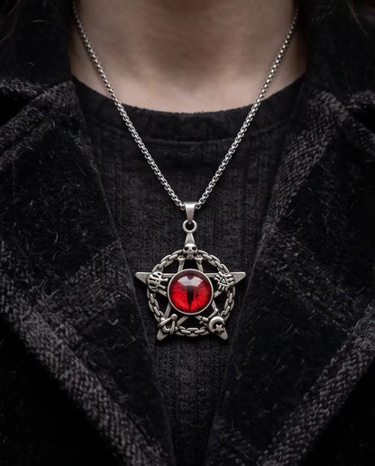Red Dragon Eye Pentagram Occult Pendant Box Chain