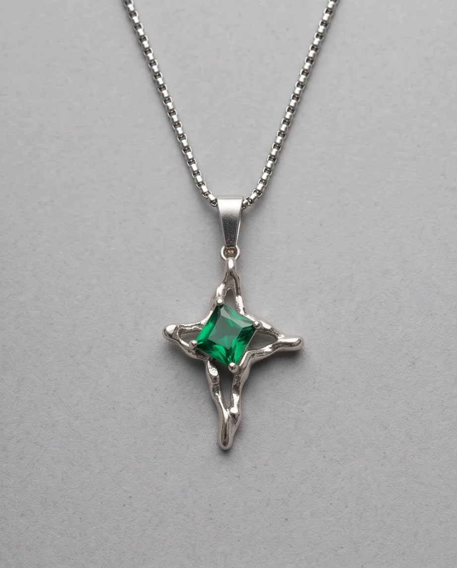 Silver Emerald Gemstone Gothic Cross Pendant Necklace