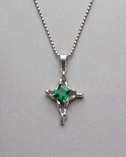 Silver Emerald Gemstone Gothic Cross Pendant Necklace
