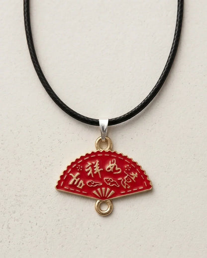 Traditional Red Folding Fan "Ji Xiang Ru Yi" Pendant Necklace