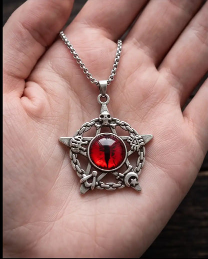 Red Dragon Eye Pentagram Occult Pendant Box Chain