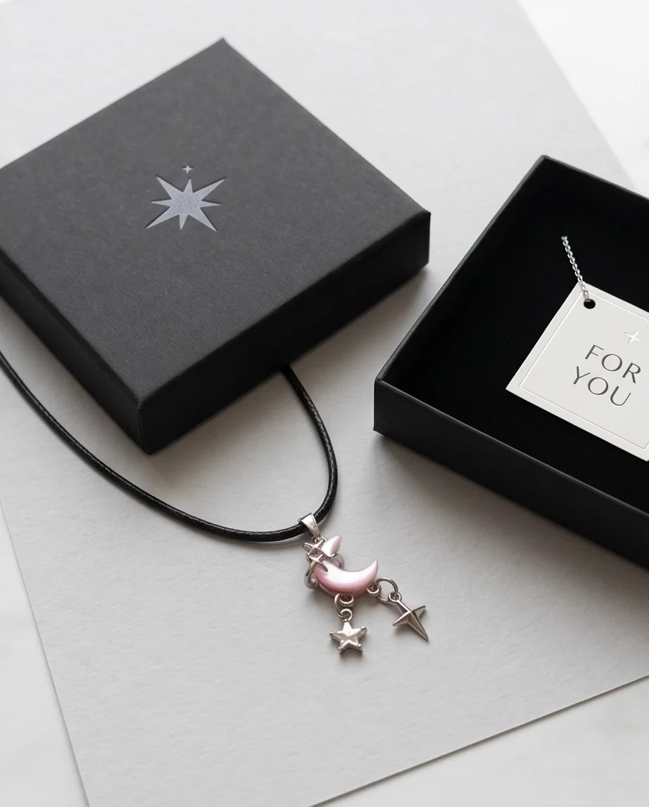 Celestial Pink Moon & Dangle Stars Necklace