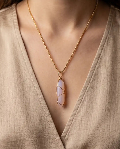 Wire-Wrapped Soft Pink Quartz Crystal Point Pendant Bead Chain