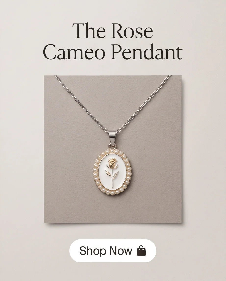 Gold Pearl Frame White Enamel Rose Oval Pendant Necklace