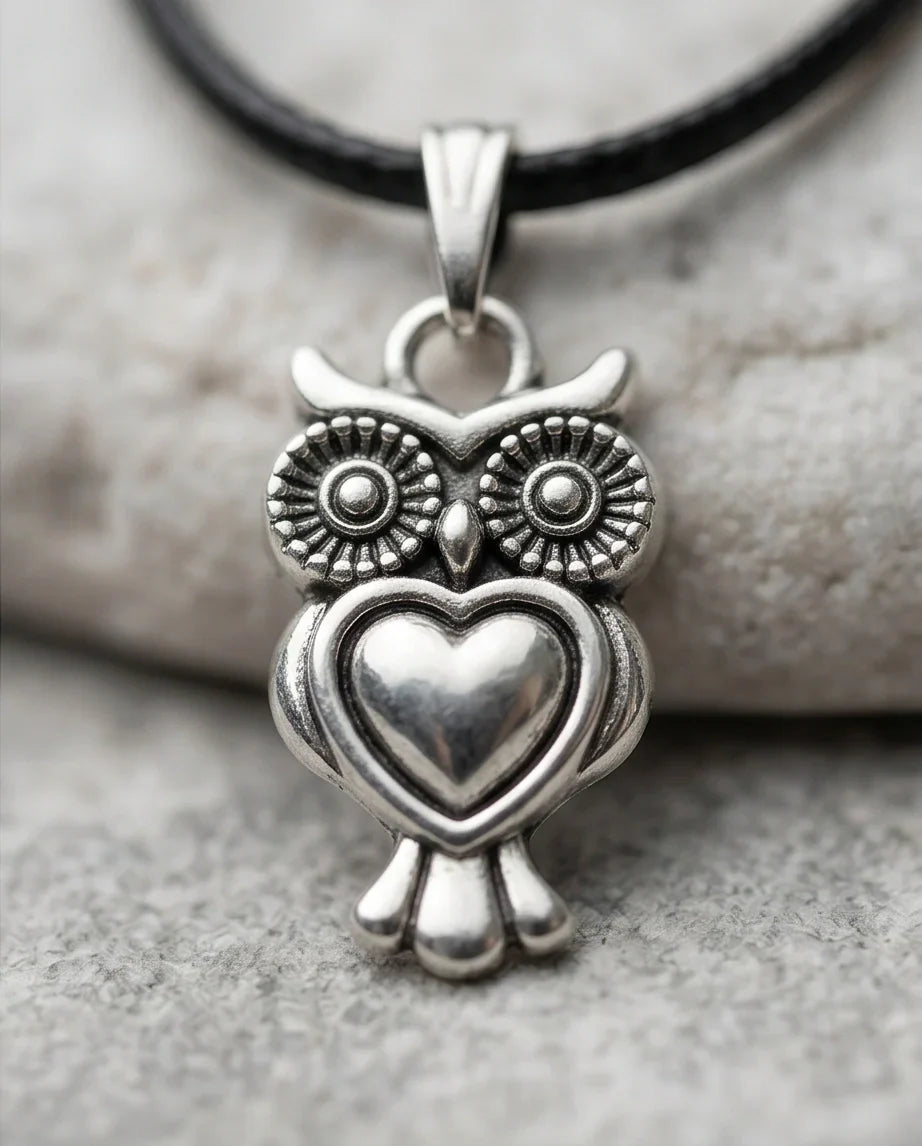 Silver Retro Heart Owl Necklace