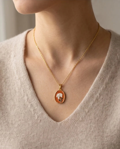 Gold Peach White Flower Enamel Medallion Chain Necklace