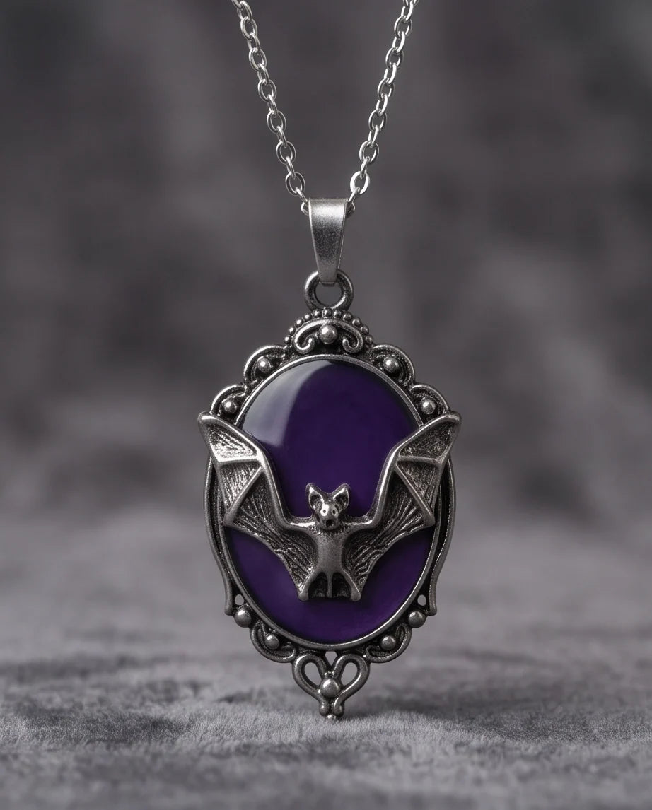 Antique Silver Gothic Bat Purple Enamel Medallion Chain Necklace