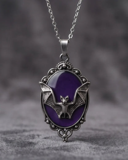 Antique Silver Gothic Bat Purple Enamel Medallion Chain Necklace