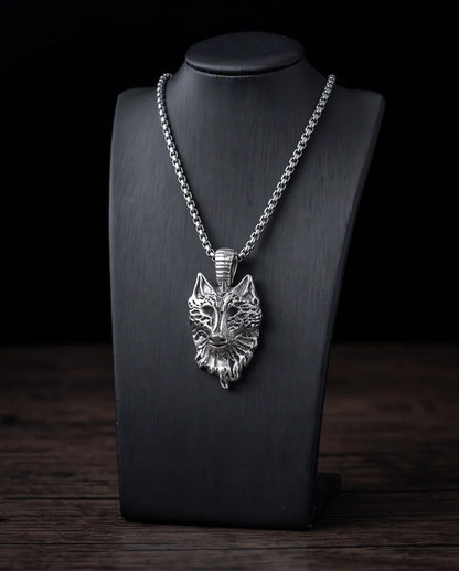 Silver Sculpted Wolf Head Pendant Necklace