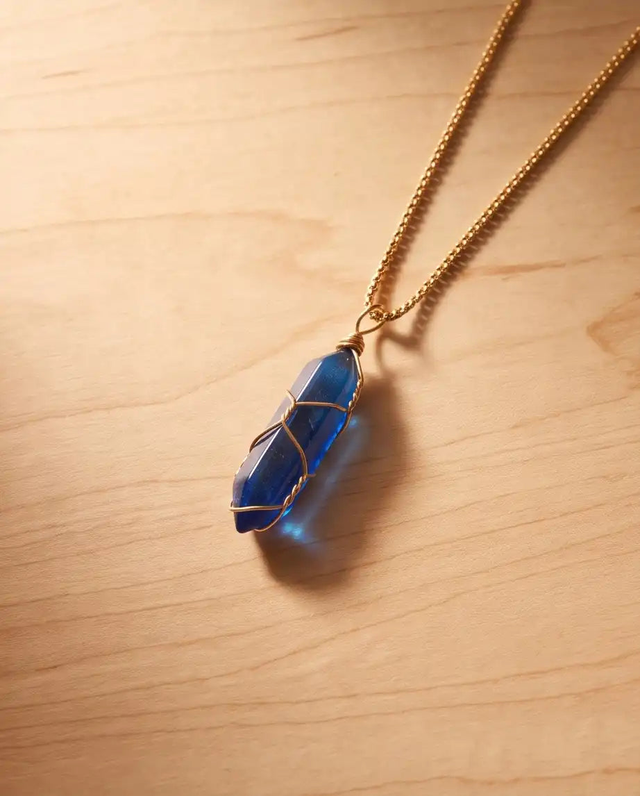 Wire-Wrapped Deep Blue Crystal Point Pendant Box Chain
