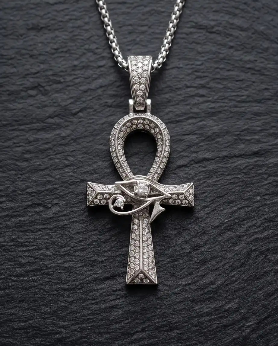Iced Egyptian Ankh Cross & Eye of Horus Pendant Silver Box Chain Necklace