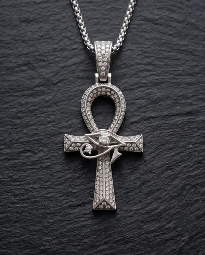 Iced Egyptian Ankh Cross & Eye of Horus Pendant Silver Box Chain Necklace
