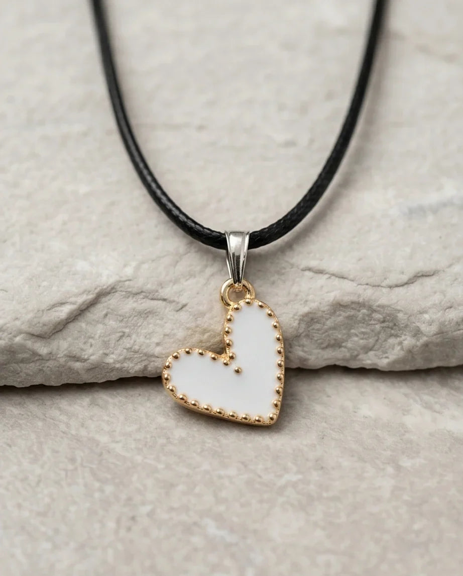 Gold and White Beaded Heart Necklace