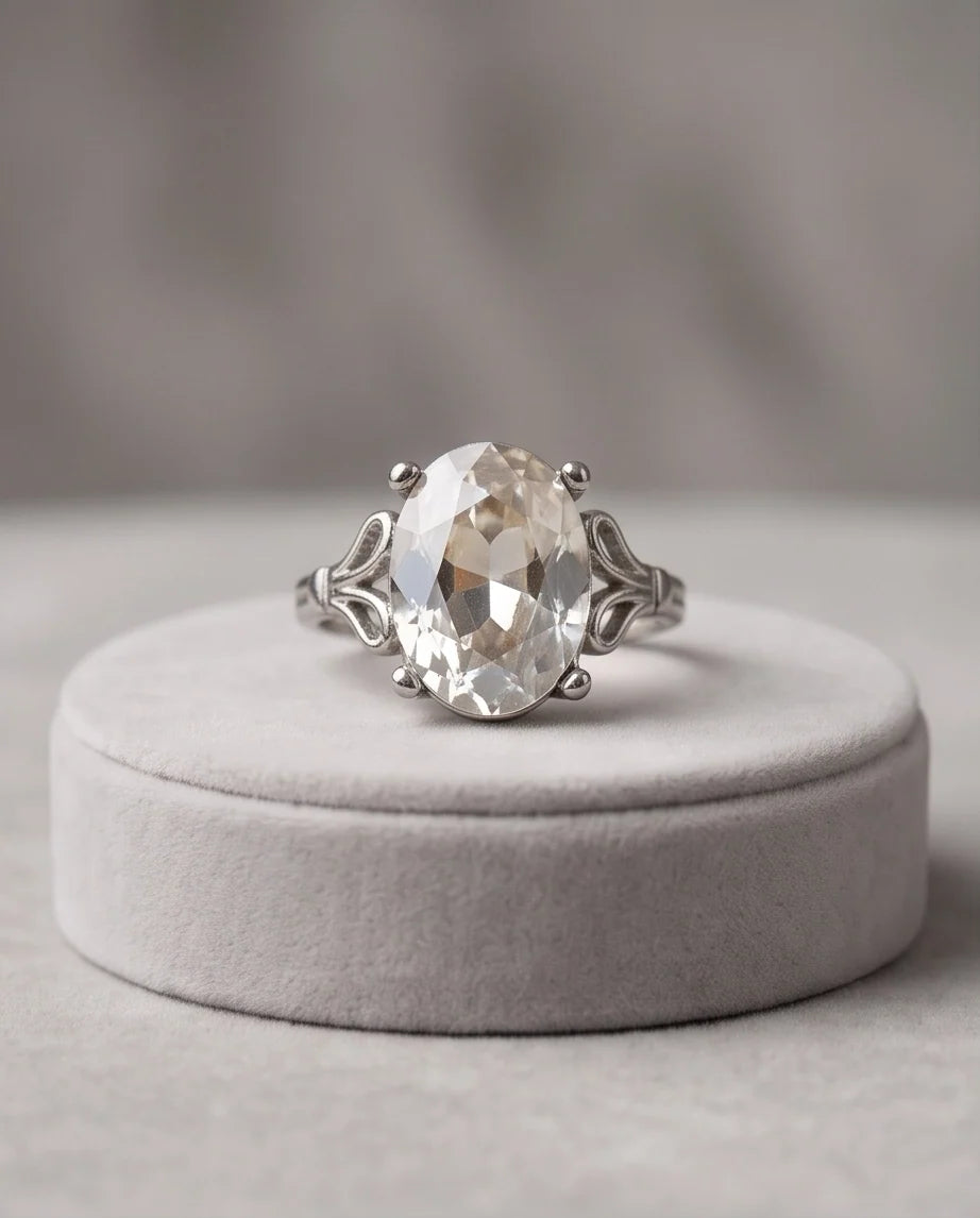 Silver Oval Clear Quartz Vintage Solitaire Ring