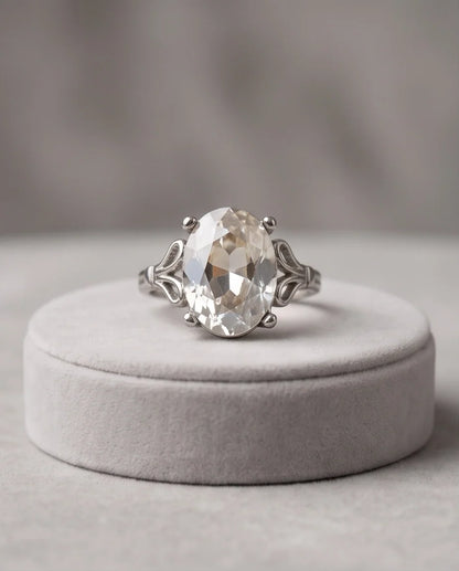 Silver Oval Clear Quartz Vintage Solitaire Ring