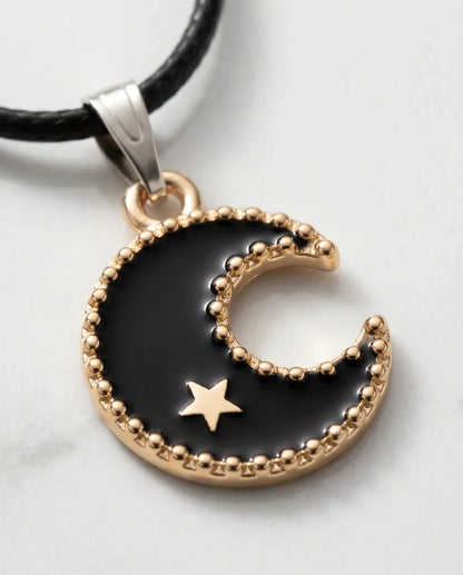 Gold Beaded Crescent Moon and Star Necklace