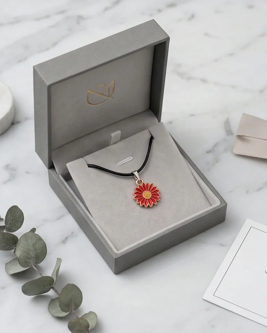 Gold and Red Sunflower Pendant Necklace