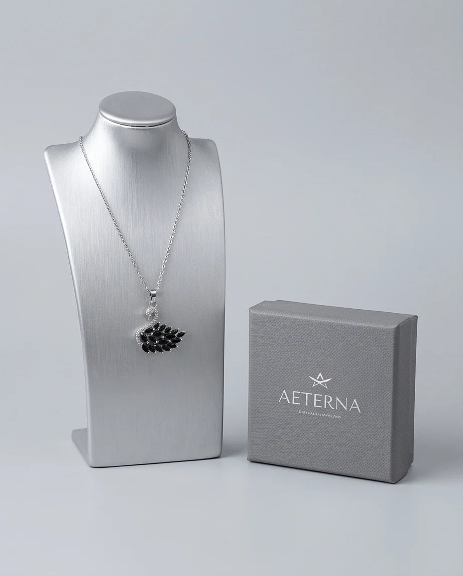 Silver Black Crystal Swan Necklace
