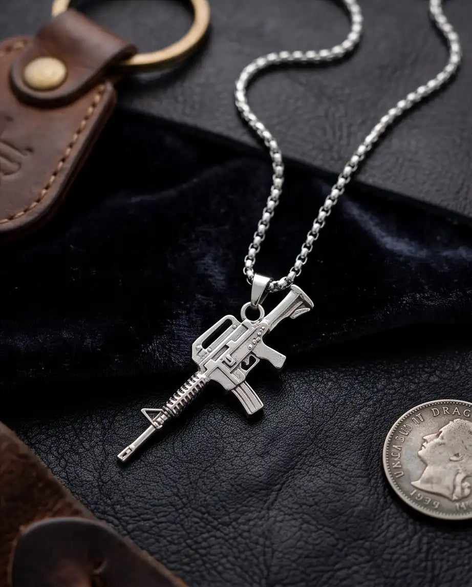 Retro Assault Rifle Weapon Pendant Box Chain