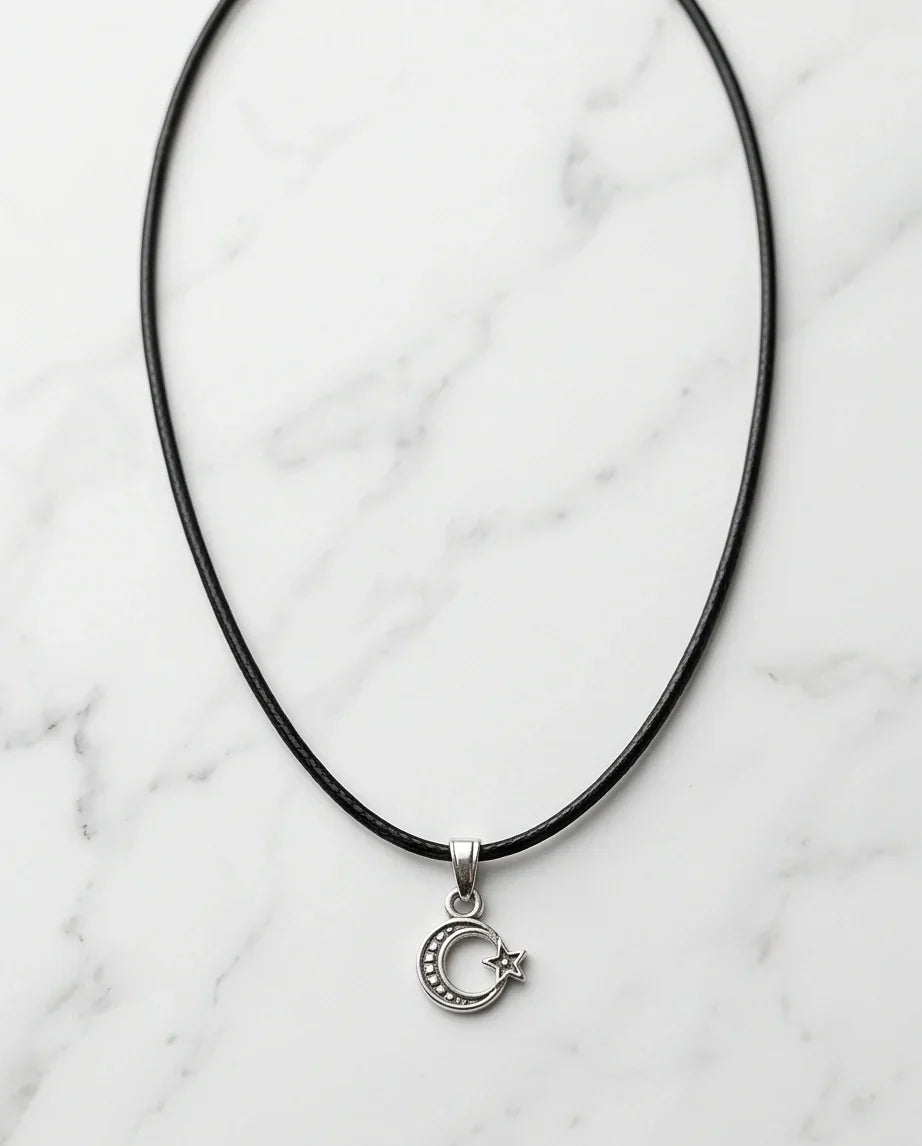 Silver Celestial Crescent Moon and Star Necklace