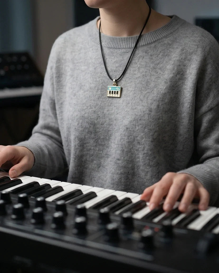 Gold and Light Blue Synthesizer Keyboard Necklace