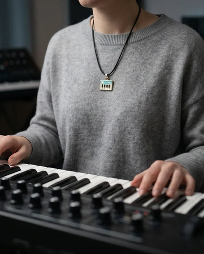 Gold and Light Blue Synthesizer Keyboard Necklace