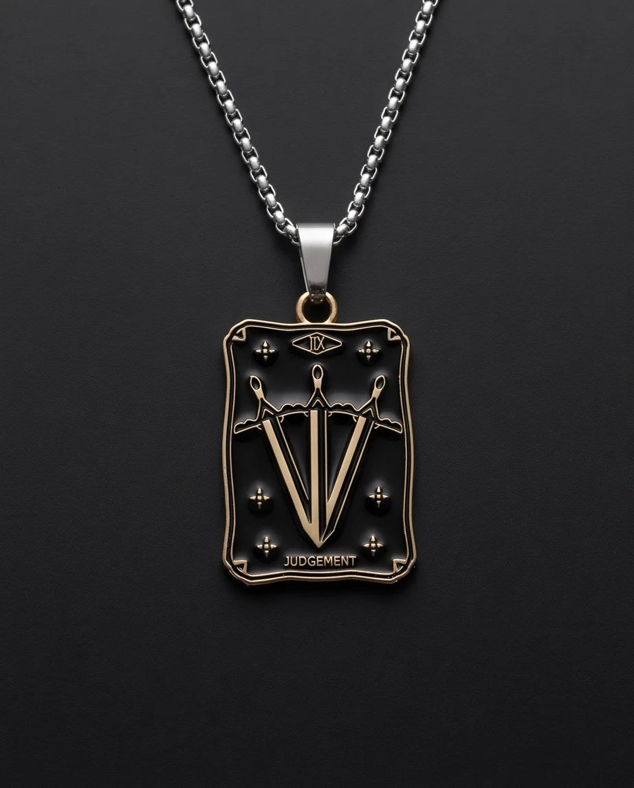 Gold "Judgement" Three Swords Tarot Card Pendant Necklace