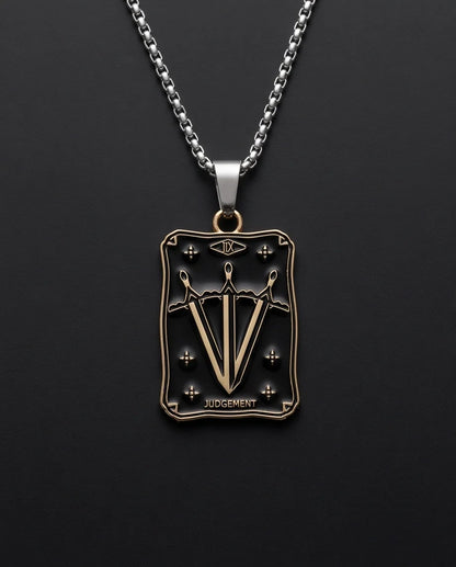 Gold "Judgement" Three Swords Tarot Card Pendant Necklace