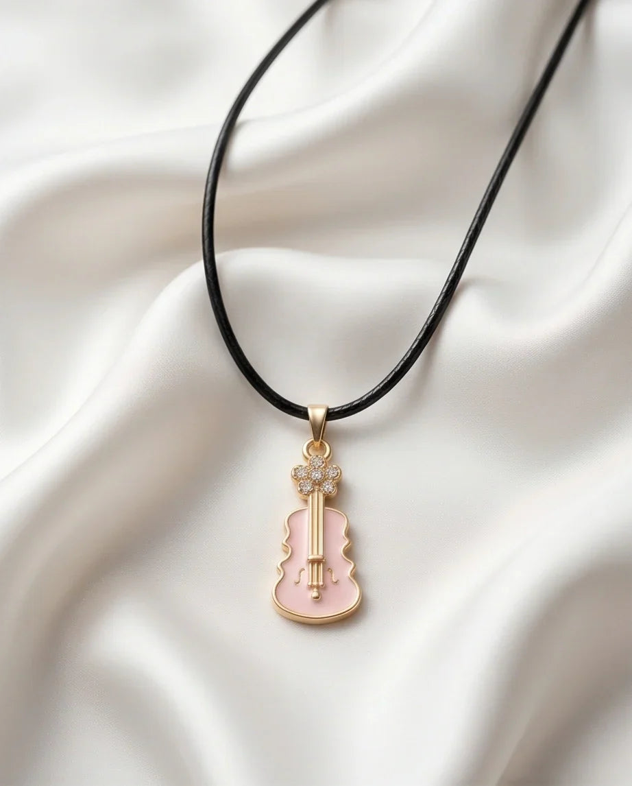 Gold and Pink Enamel Violin Necklace