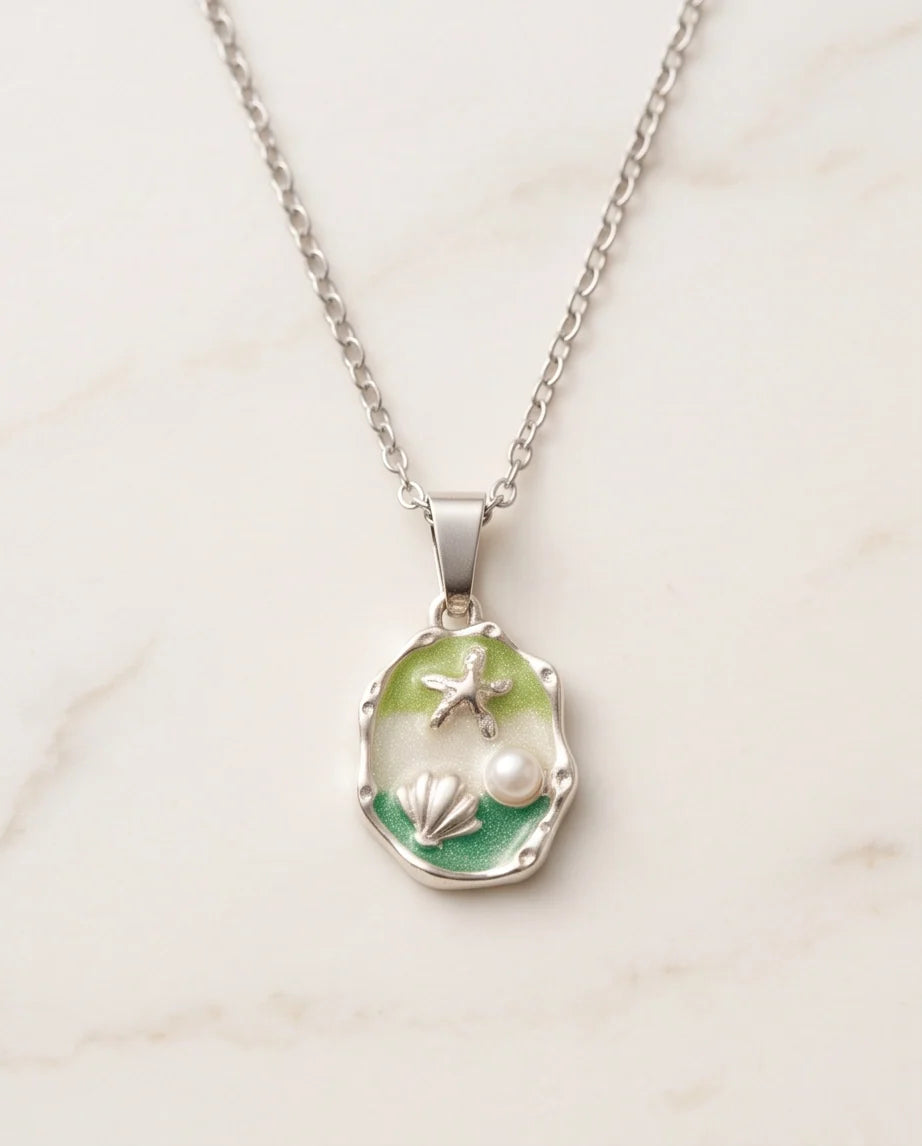 Silver Green Seashell Starfish Pearl Enamel Medallion Chain Necklace