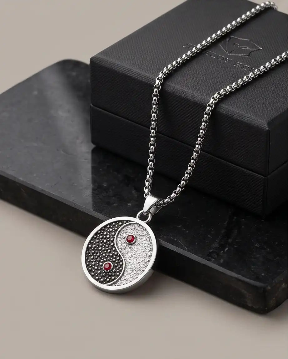Red Gemstone Stippled Yin Yang Medallion Silver Box Chain Necklace