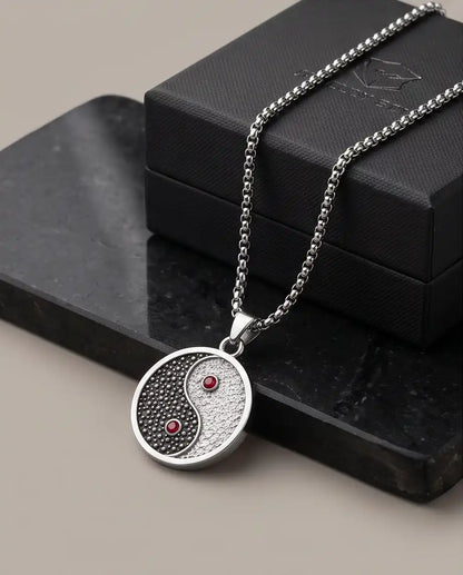 Red Gemstone Stippled Yin Yang Medallion Silver Box Chain Necklace