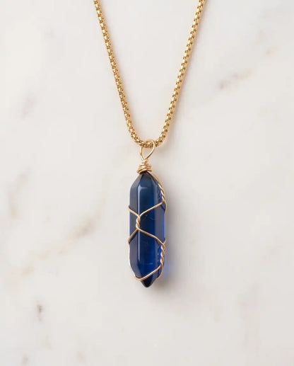 Wire-Wrapped Deep Blue Crystal Point Pendant Box Chain