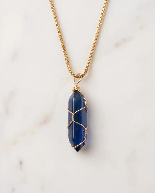 Wire-Wrapped Deep Blue Crystal Point Pendant Box Chain