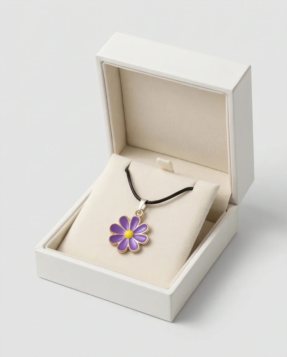 Vibrant Purple Daisy Enamel Pendant Necklace