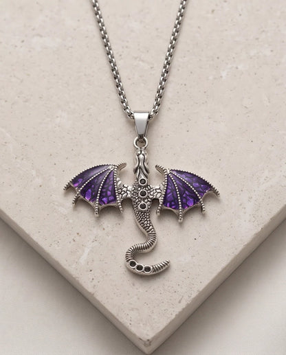 Silver Purple Enamel Dragon Wyvern Pendant Necklace