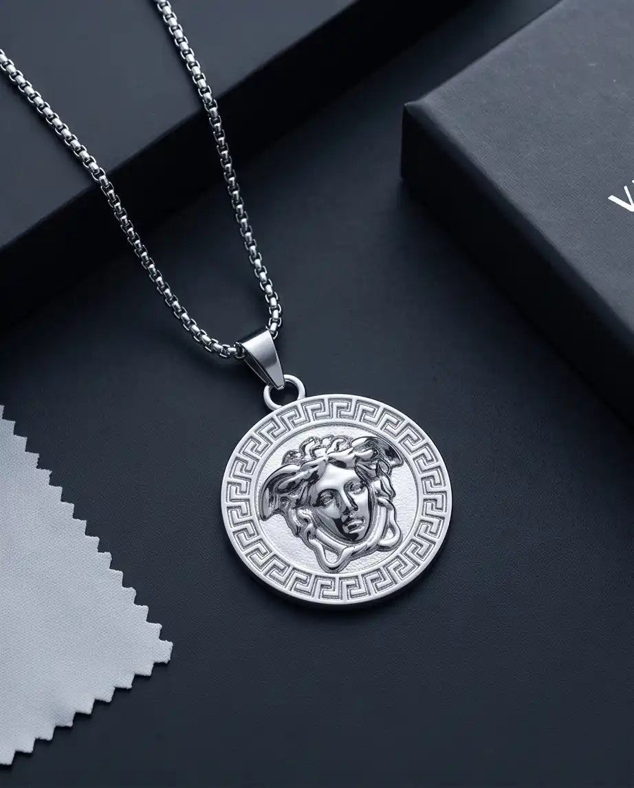 Greek Medusa Gorgon Medallion Pendant Box Chain