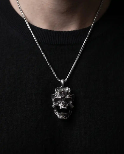 Gothic Screaming Demon Skull Pendant Silver Box Chain Necklace