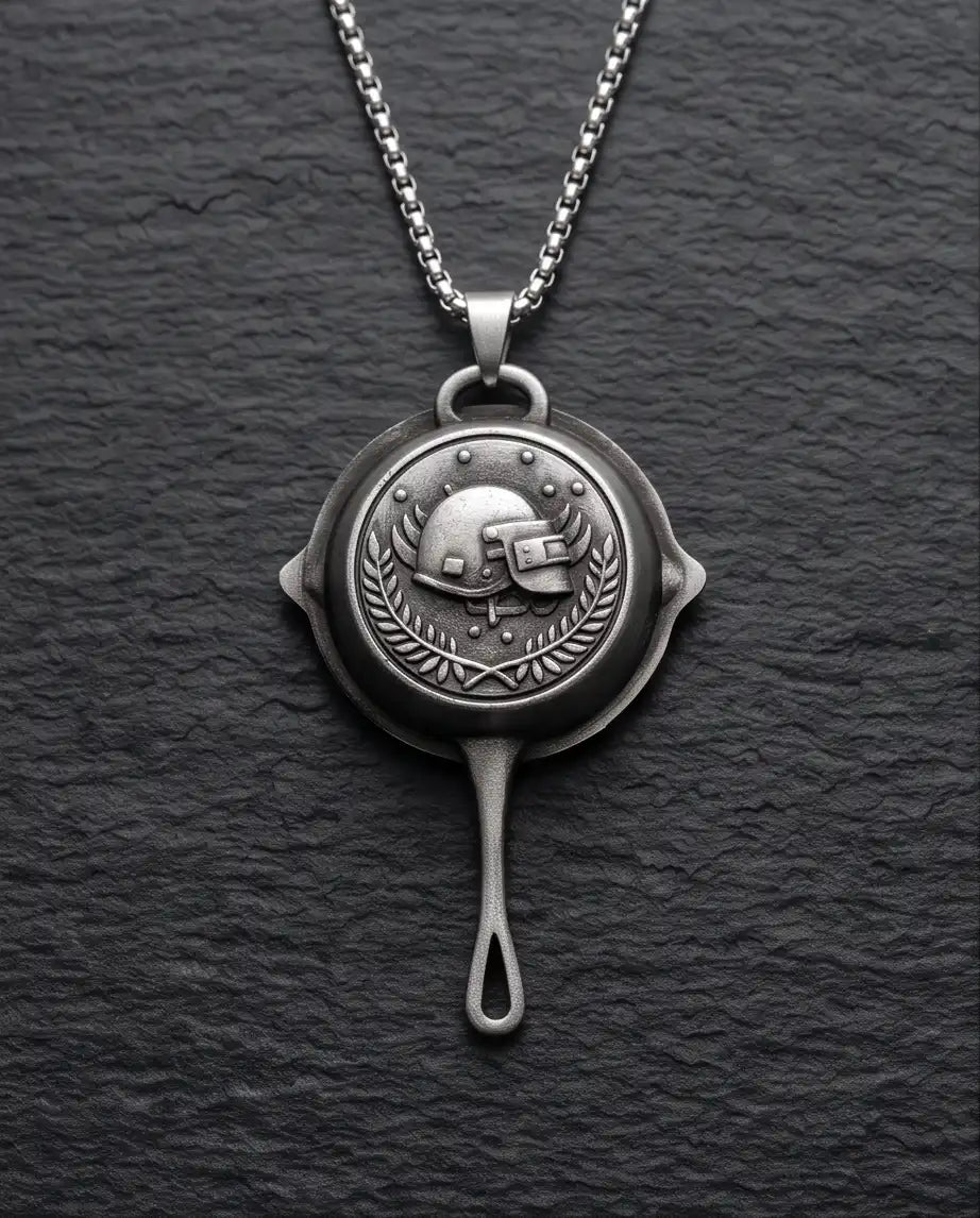 PUBG Frying Pan & Helmet Emblem Silver Box Chain Necklace