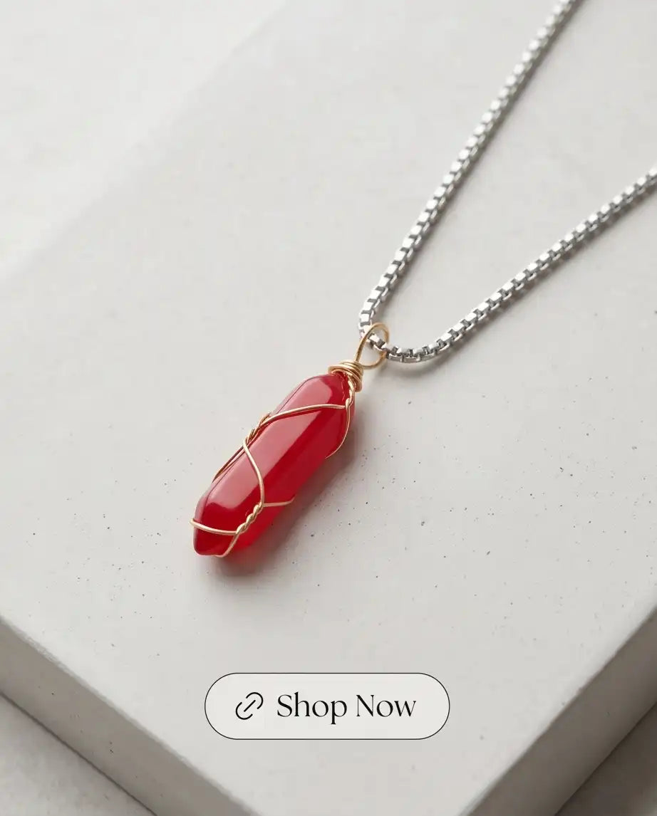 Wire-Wrapped Red Crystal Point Pendant Box Chain