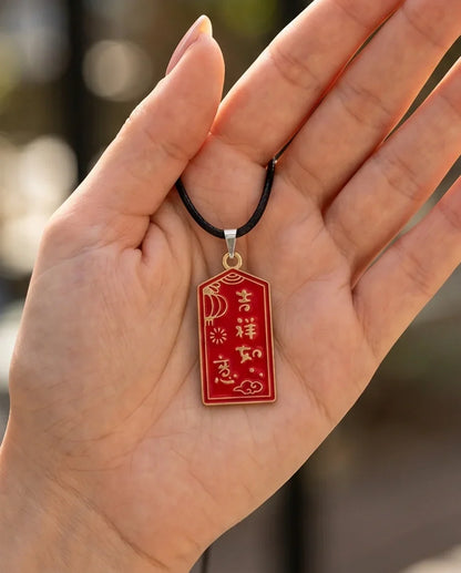 Traditional Red Rectangular "Ji Xiang Ru Yi" Blessings Pendant Necklace