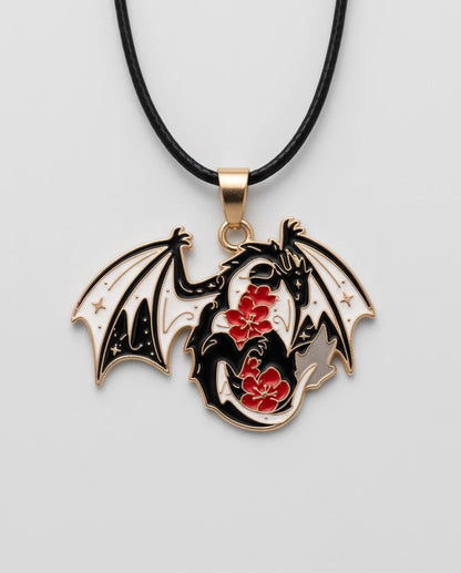 Gold Floral Dragon Black & White Enamel Pendant Necklace
