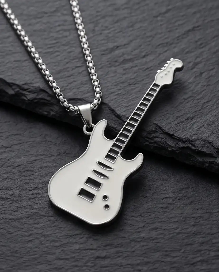White Enamel Electric Guitar Pendant Silver Box Chain Necklace